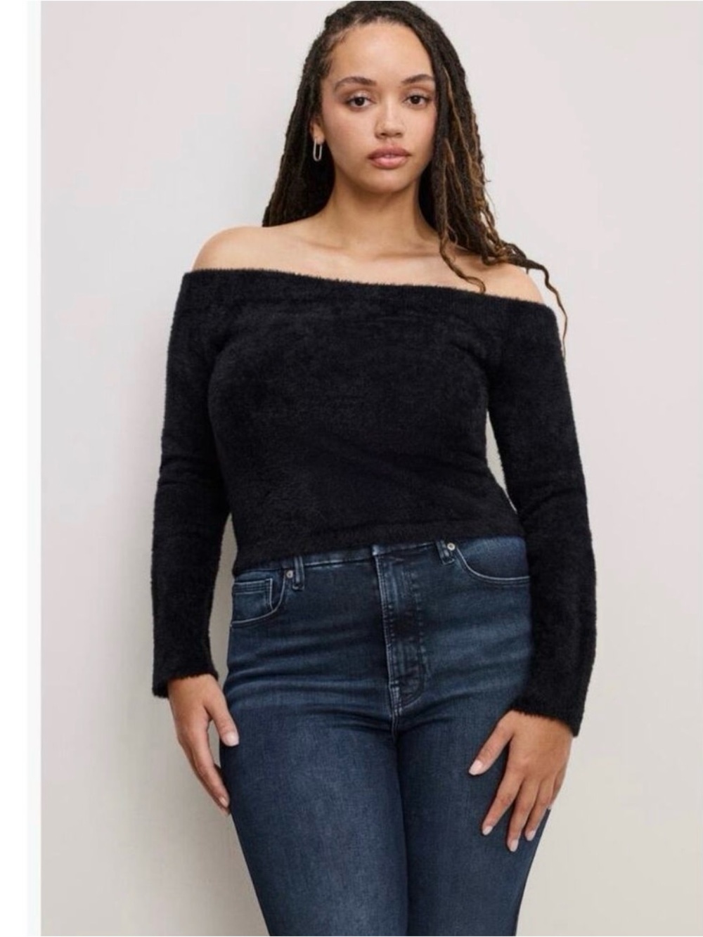 NWT GOOD AMERICAN Off-Shoulder Black Fuzzy Sweater Sz 2Xl